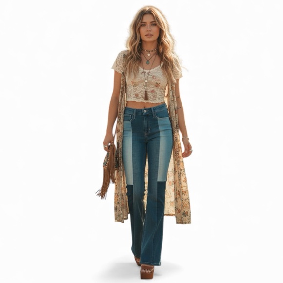 Hollister High Rise Vintage Flare Jeans 26 X 32 Two-Tone Blue Boho 90s 70s Indie - Picture 2 of 8